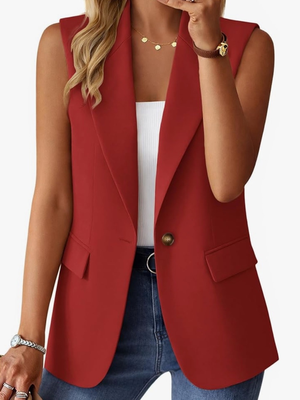 NWT Mina Self Sleeveless one Button Red Vest size large